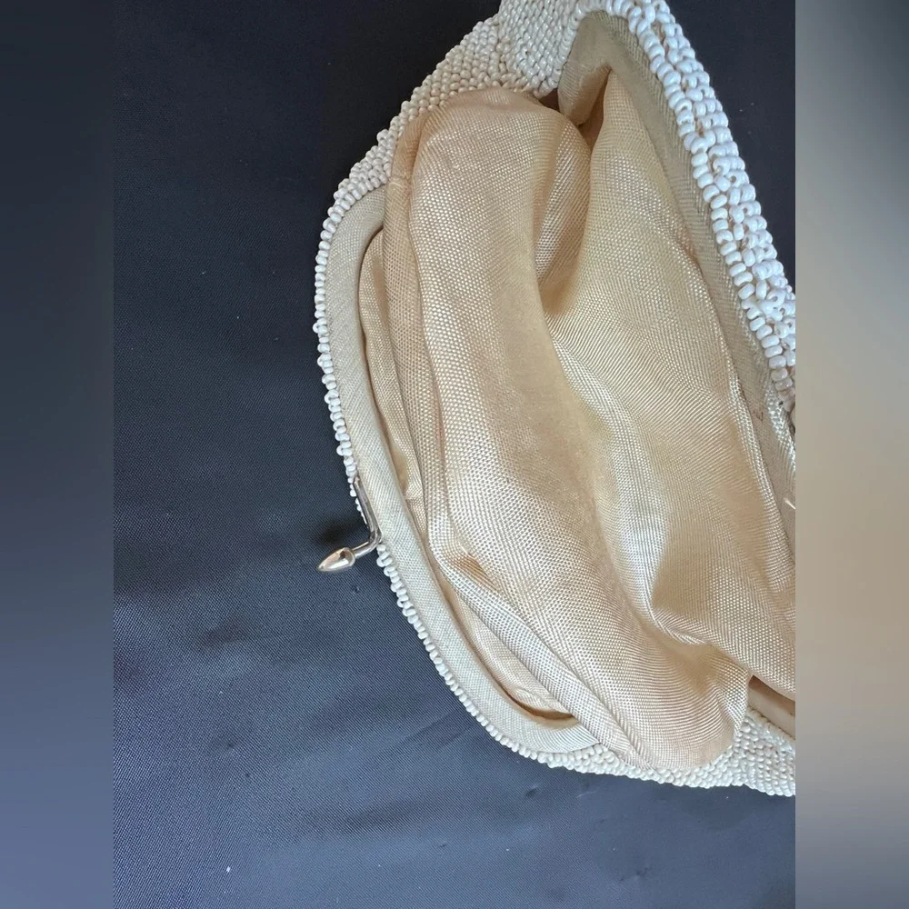 Vintage Beaded Finger Clutch Belt Bag Cream Floral Hand Made in Belgium 1940s